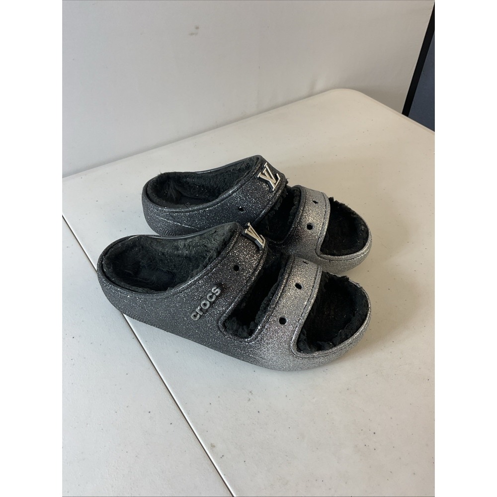Crocs Classic Cozzzy Glitter Sandal Women's Size 9 Slide Gray Black Sparkle Cozy